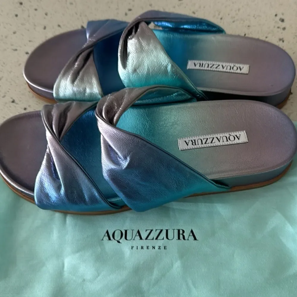 Aquazzura Twist Leather Metallic Blue Sandals Slides Made in Italy Size 38 NWOB